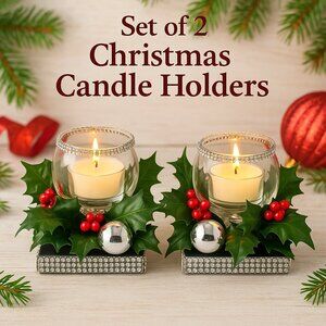 Set of 2 Handmade Christmas Holly & Silver Tea Light Candle Holders